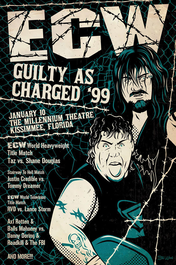 ECW pro wrestling poster art by Bill Wood.