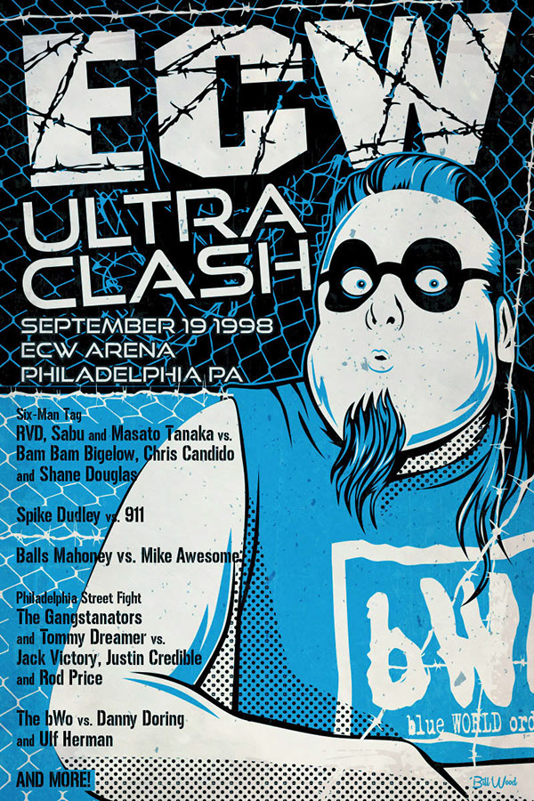 ECW pro wrestling poster art by Bill Wood.