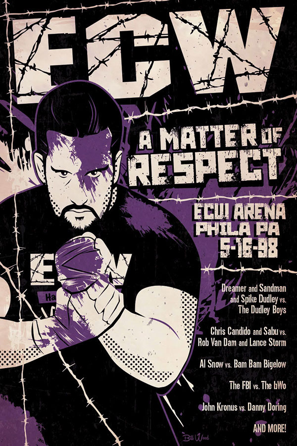 ECW pro wrestling poster art by Bill Wood.