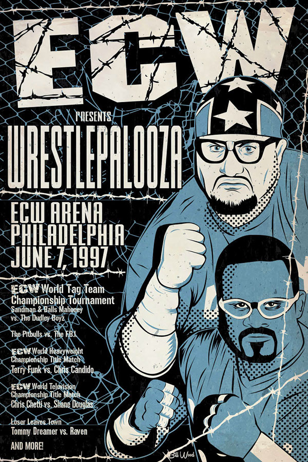 ECW pro wrestling poster art by Bill Wood.