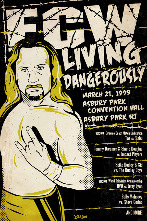 ECW pro wrestling poster art by Bill Wood.
