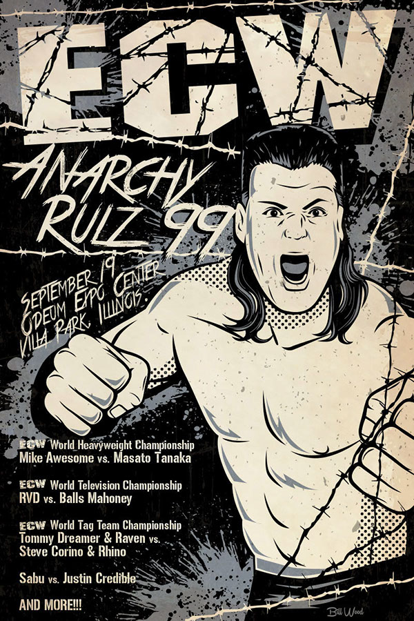 ECW pro wrestling poster art by Bill Wood.