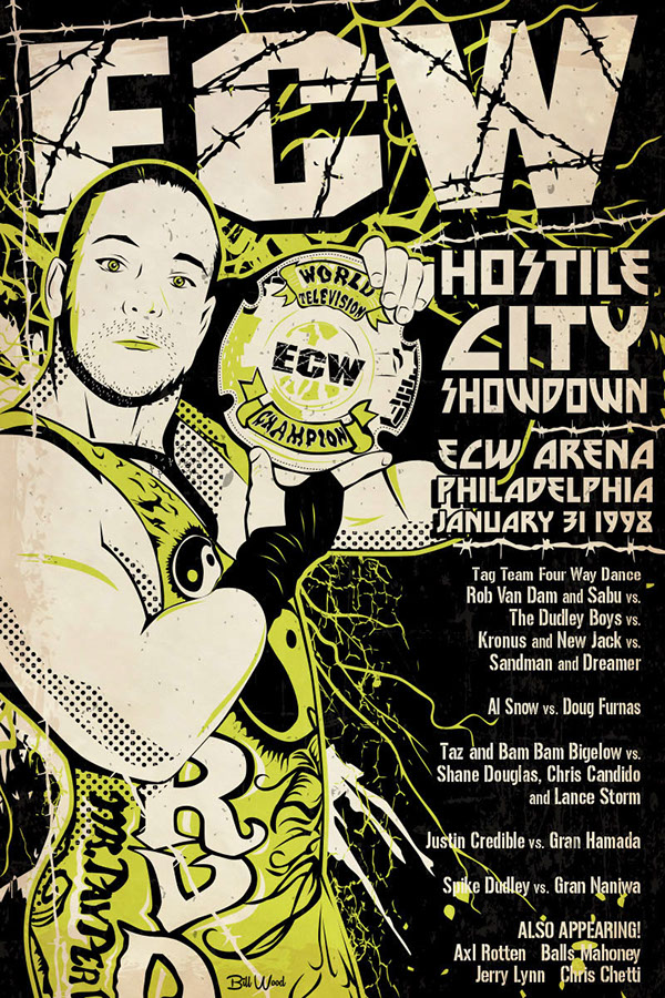 ECW pro wrestling poster art by Bill Wood.