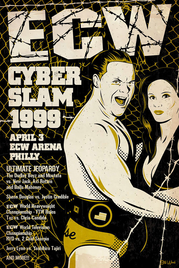 ECW pro wrestling poster art by Bill Wood.