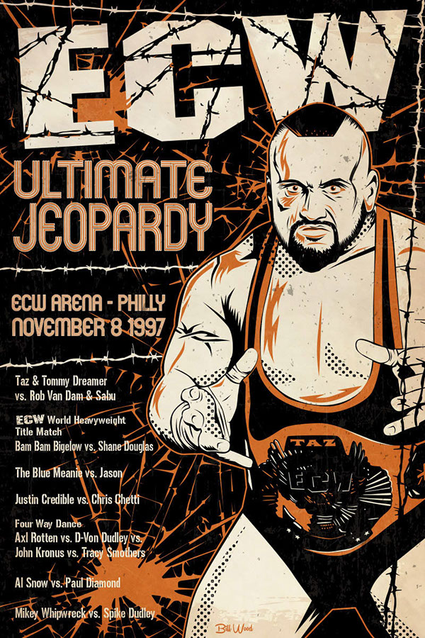 ECW pro wrestling poster art by Bill Wood.