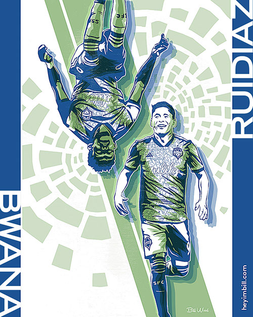 Seattle Sounders FC soccer poster art by Bill Wood.